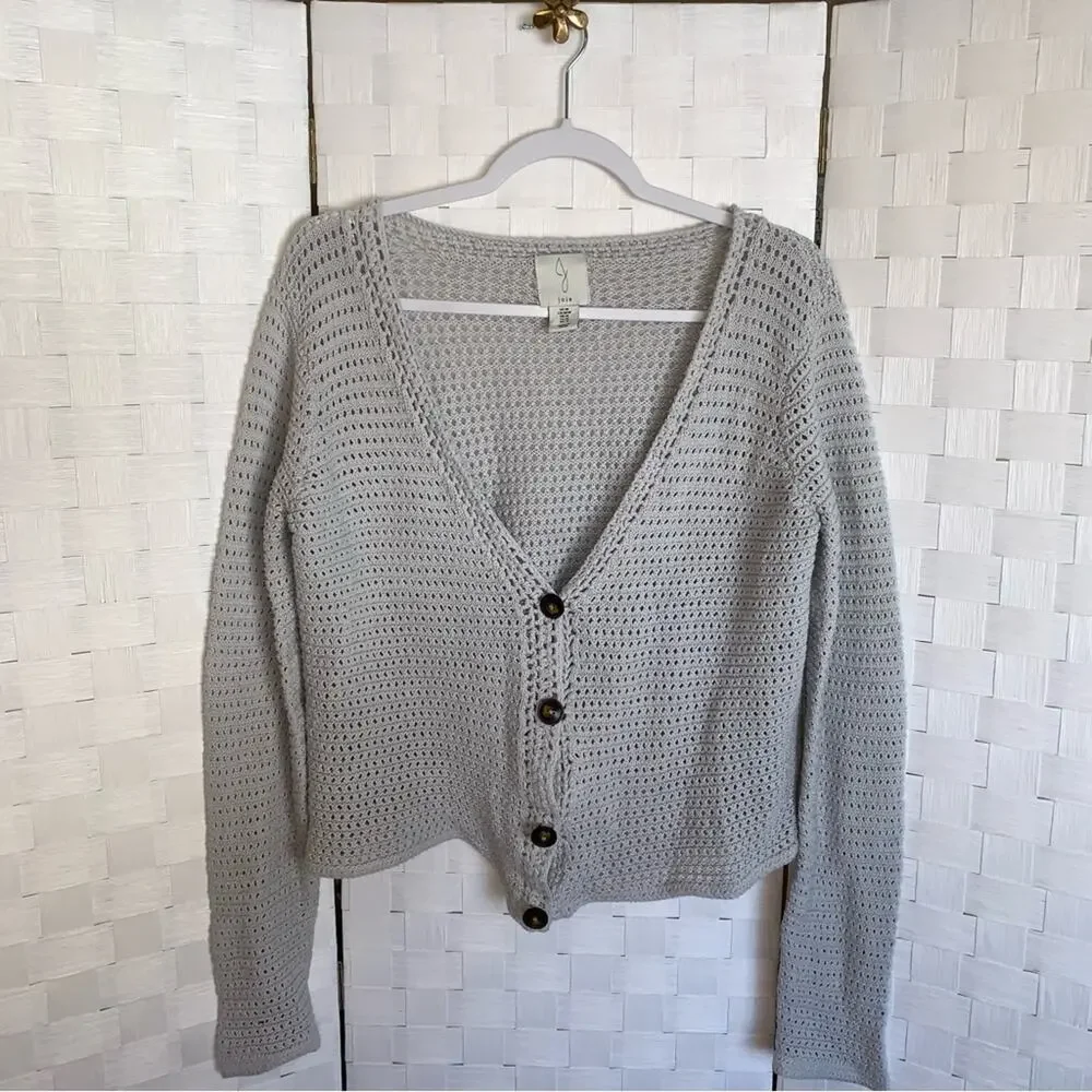 Joie Open Weave Crochet Knit Cardigan Sweater In Gray Women’s Size Medium